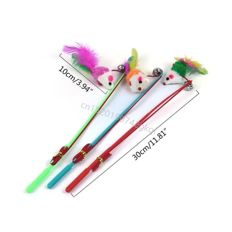 Varita pluma ratón falsa para hacer ejercicio, palo Teaser para gato, juguete interactivo T4MC, 3 uds.