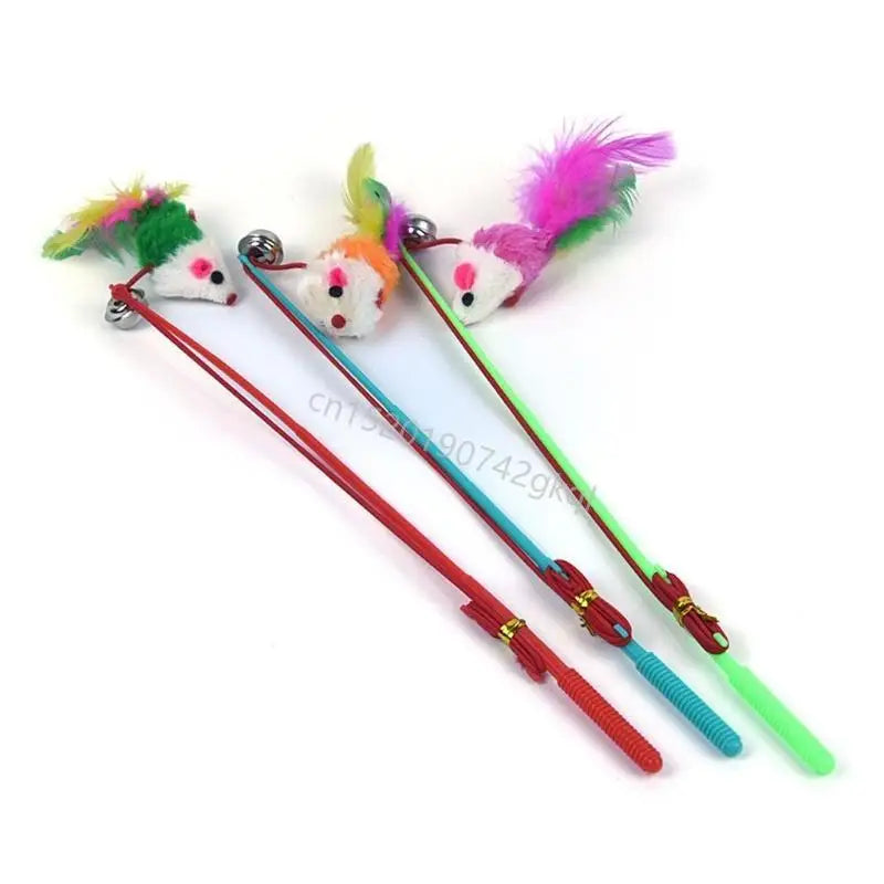 Varita pluma ratón falsa para hacer ejercicio, palo Teaser para gato, juguete interactivo T4MC, 3 uds.
