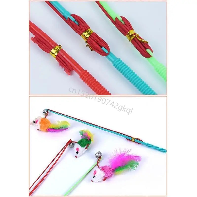 Varita pluma ratón falsa para hacer ejercicio, palo Teaser para gato, juguete interactivo T4MC, 3 uds.