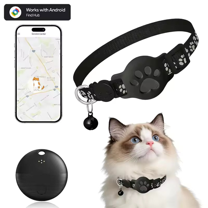 Collar localizador Bluetooth negro con placa de huella y dispositivo esférico