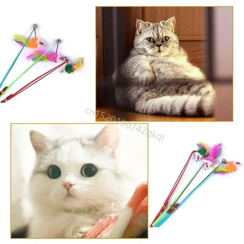 Varita pluma ratón falsa para hacer ejercicio, palo Teaser para gato, juguete interactivo T4MC, 3 uds.