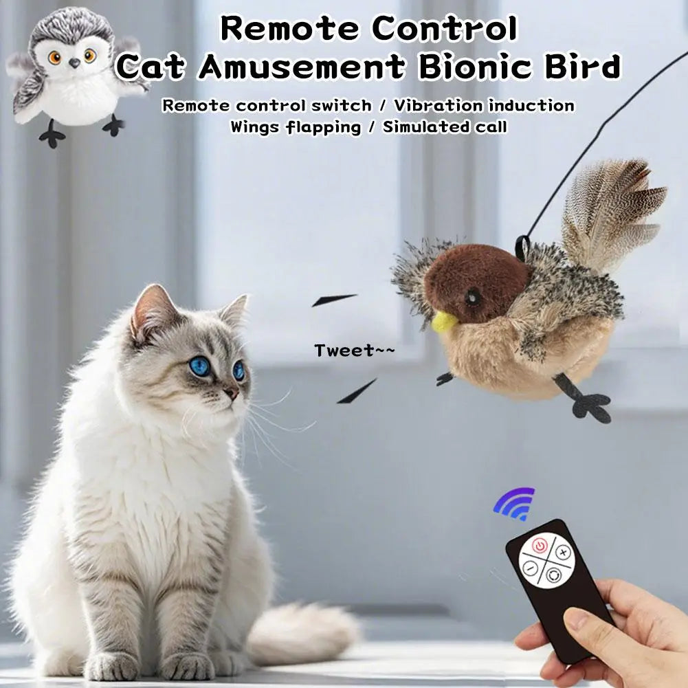 Pájaro biónico de peluche con alas peludas y mando a distancia para gatos