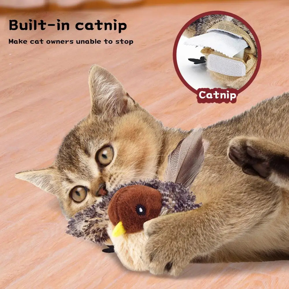 Pájaro de peluche marrón con catnip, patas negras y pelo rizado