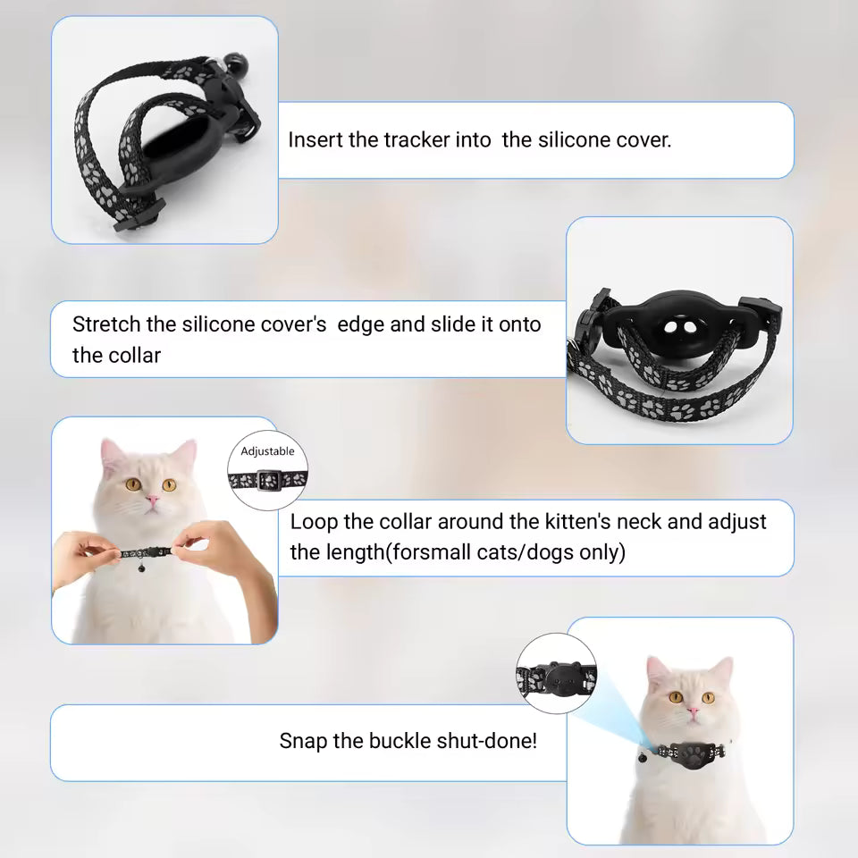 Collar localizador Bluetooth negro con funda de silicona y broche de seguridad