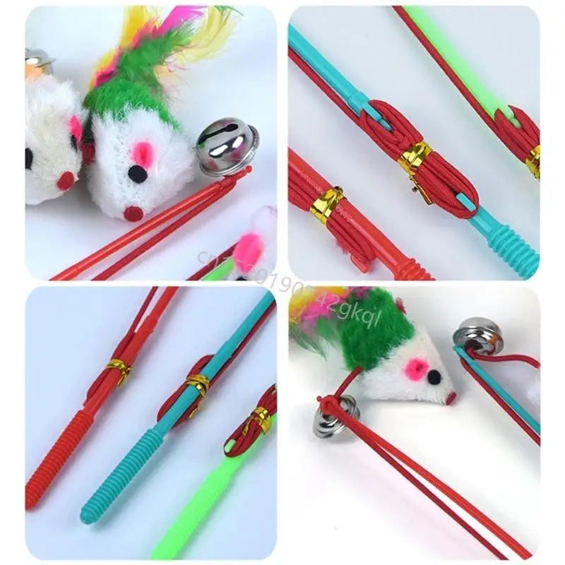 Varita pluma ratón falsa para hacer ejercicio, palo Teaser para gato, juguete interactivo T4MC, 3 uds.